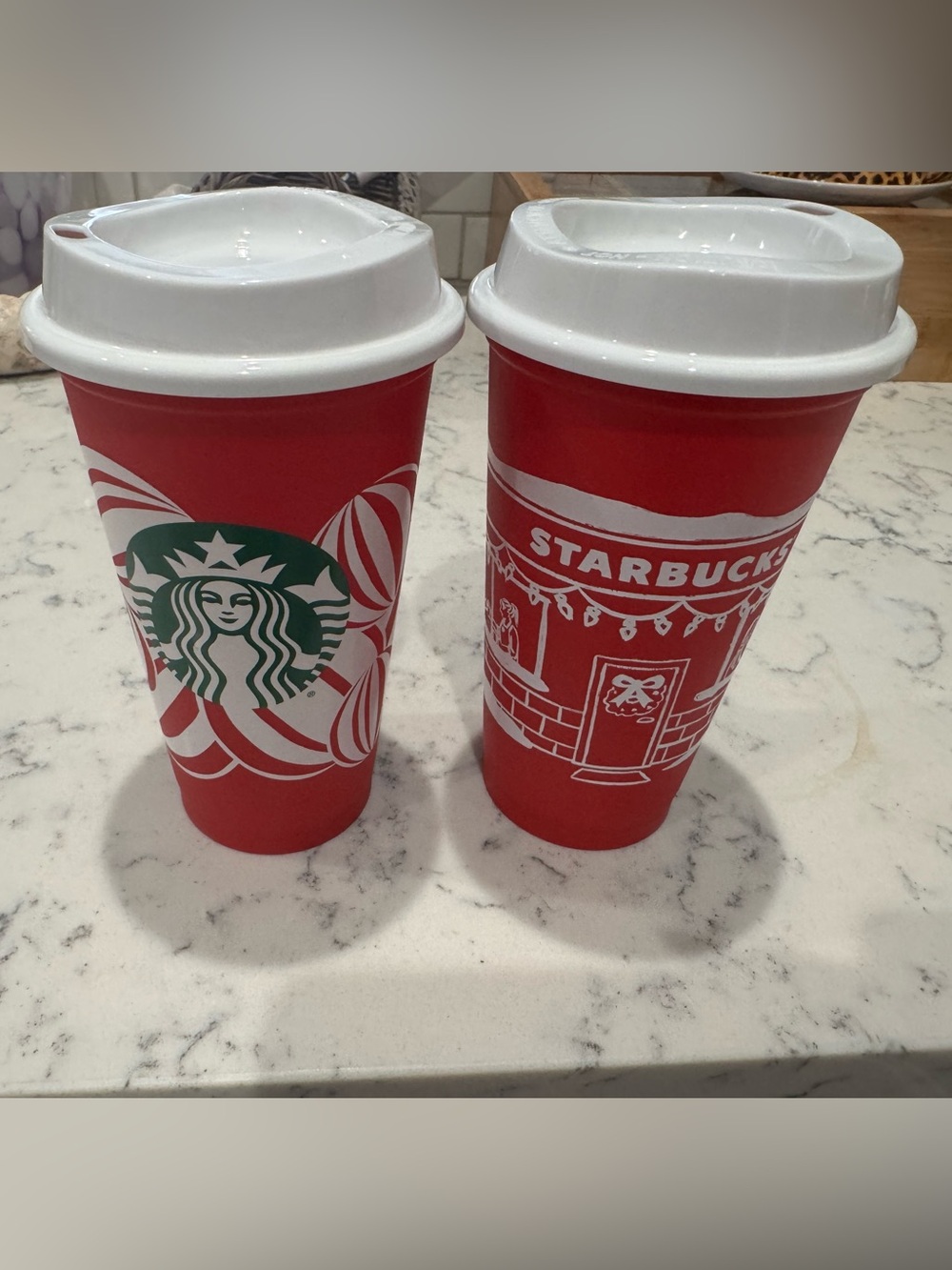 Starbucks Red and White Holiday Reusable Travel Cups (Pair)